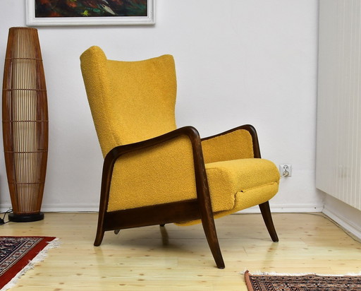Wingback Armchair with Folding Footrest in Yellow Bouclé, 1950s