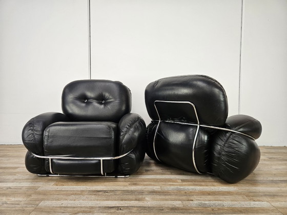 Image 1 of Okay Chairs in Black Leather and Tubular Steel by Adriano Piazzesi