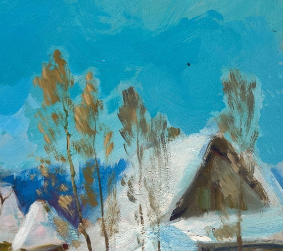 Image 1 of Original Oil Painting Winter Village Landscape Village Winter Tale