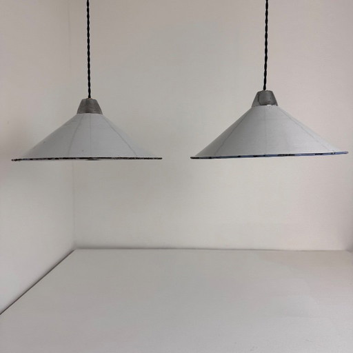PAIR OF INDUSTRIAL CONICAL ENAMELED PENDANTS