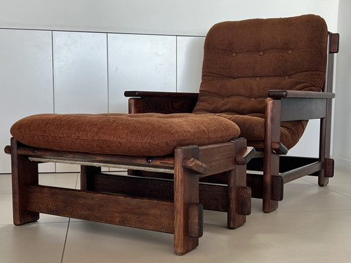 Scandinavian oak armchair and ottoman, 60s