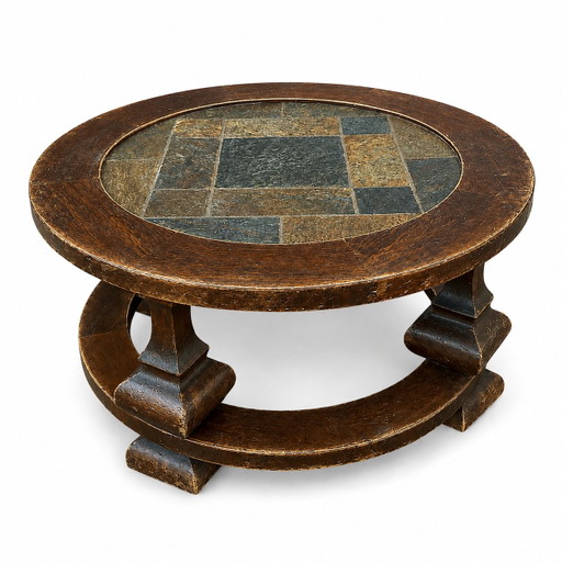 Ronde salontafel van steen en hout. – Wood, Stone