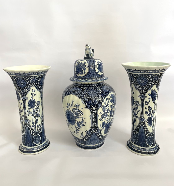 Image 1 of Set Delft Blue 1x Lid Vase and 2x Trumpet Vases by Boch for Royal Sphinx Maastricht Holland
