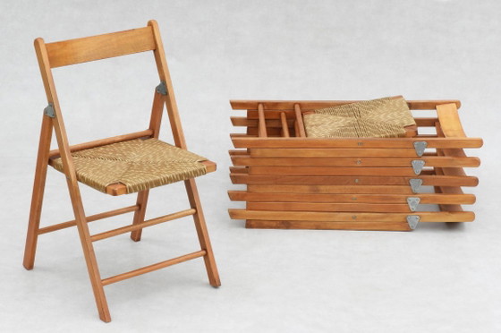 Sedie pieghevoli vintage francesi in faggio, anni '70, set di 6, Legno, Rattan, Beige (foto 9 di 9)