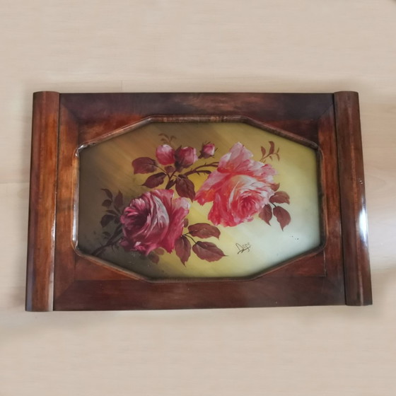 Image 1 of HOUTEN GLAZEN DIENBLAD MET ROZEN - ART DECO