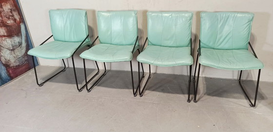 Image 1 of 4 x vintage Italiaanse leren eetkamerstoelen