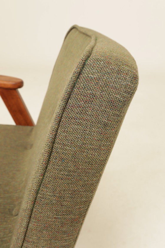 Image 1 of Coppia di poltrone lounge vintage con rivestimento in treccia verde, poltrone restaurate