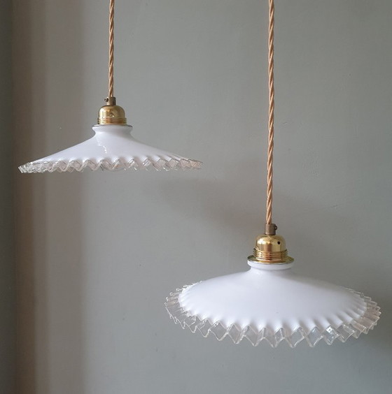 Set Vintage Pendant lamps Opaline glass - Transparent Decorative Edge – Metal (photo 4 of 24)