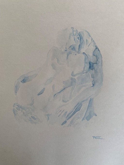 Monochroom blauwe aquarel van het standbeeld "De Kus" van Auguste Rodin.