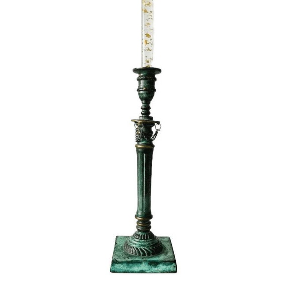 Image 1 of Antique bronze candlestick green patina 1900's