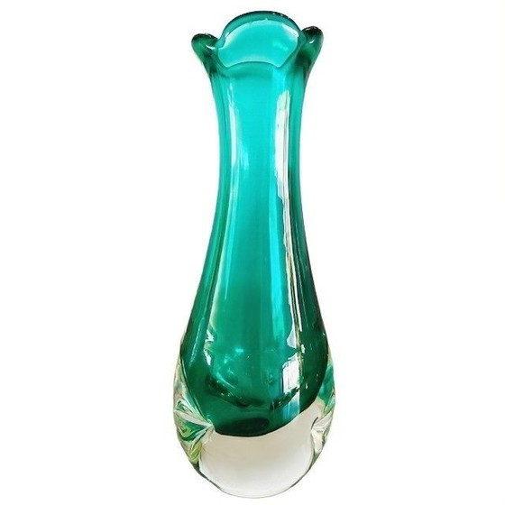 Image 1 of Vintage mid-century Murano glass Chambord vase Fratelli Toso green turquoise 1950's