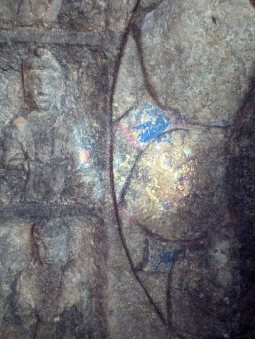 Large Himalayan limestone Buddha stele with naga and temple relief