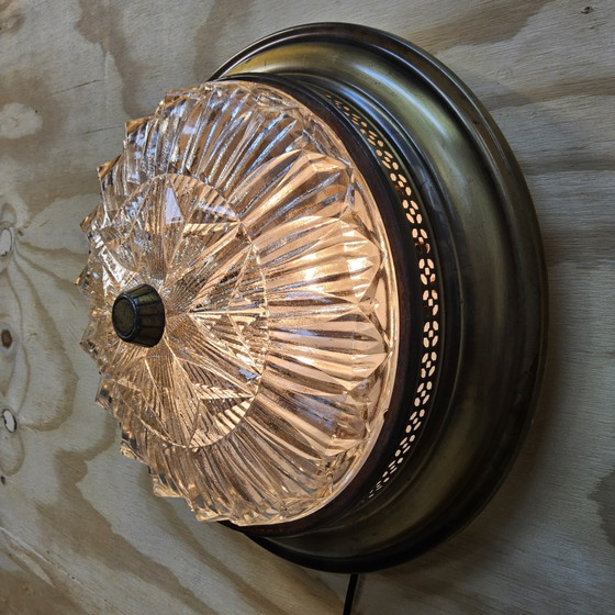 Image 1 of Vintage Ceiling Lamp with Cut Glass and Brass Rim (40cm)