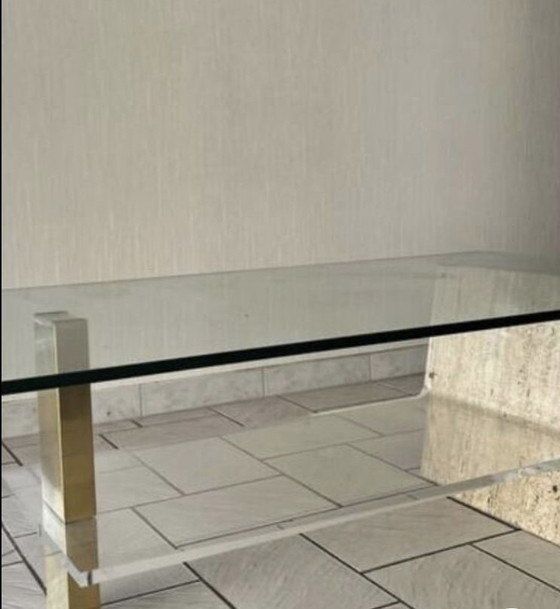 Image 1 of 70s glass and travertine coffee table