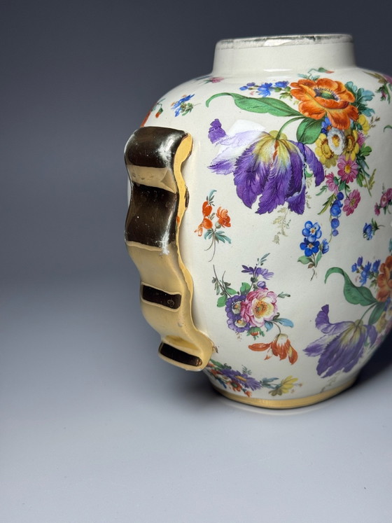 Boch Frères Keramis, Art Deco Vase, “Fleurs des Saxe” Decoration -Belgium, Ceramic, Gold (photo 4 of 15)