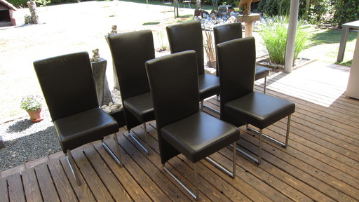 6x Lederen Design Stoelen Rolf Benz Type 7400 + Glazen Tafel van Metalmobile Mooie Staat!