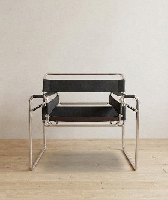 Vintage B3 Wassily-stoel van Marcel Breuer voor Knoll International, zwart leer, jaren 80, 65 x 78 x 74 cm (photo 6 of 8)