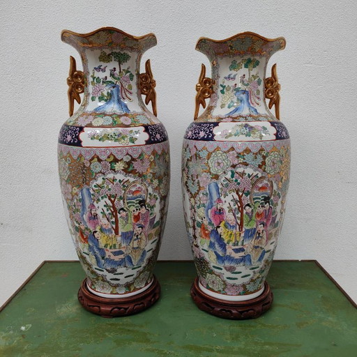 Set Große Vintage Orientalische Vasen Balustervasen, Kanton Porzellan