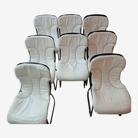 Image 1 of Set of 8 Vintage White Leather Chairs Model No C2 by Cidue, Italy 1970