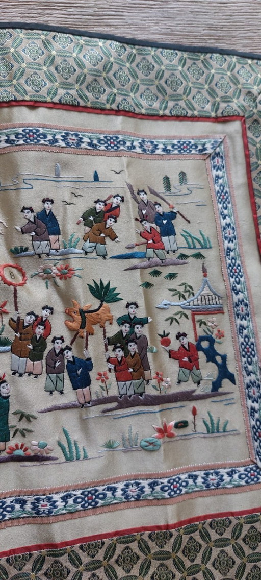 Chinees zijde borduurwerk vintage wanddoek