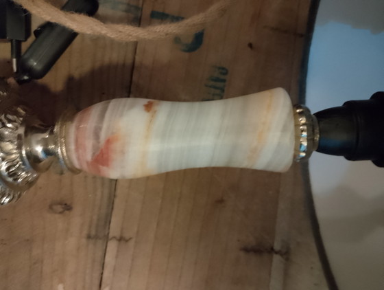 Image 1 of Small vintage lamp in bronze with genuine onyx, anthracite velvet lampshade, fully restored, braided linen cable