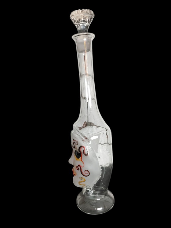 Image 1 of Murano glazen karafmasker, handbeschilderd, jaren 70 - Venetiaanse glazen karaf met gezichtskunst