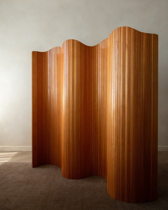 Image 1 of Vintage French Art Deco Pine Tambour Room Divider by Jomain Baumann for Baumann, 1930s