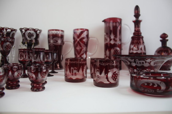 Image 1 of Antique Set of 36 pieces of Artistic cut Ruby red glass, Egermann, 1950's. 