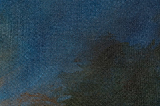 Large Original Blue and Orange Abstract Landscape Painting, Textured Acrylic Canvas - Whispering Embers (photo 14 of 23)