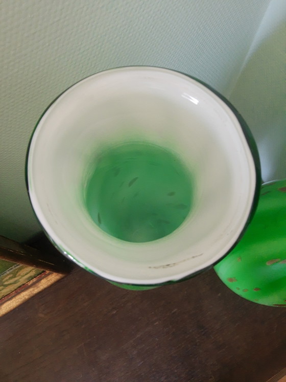 Image 1 of Set hoge Murano handgeblazen glazen vazen siervazen decoratieve vazen sierobjecten in groen met goud, vintage 