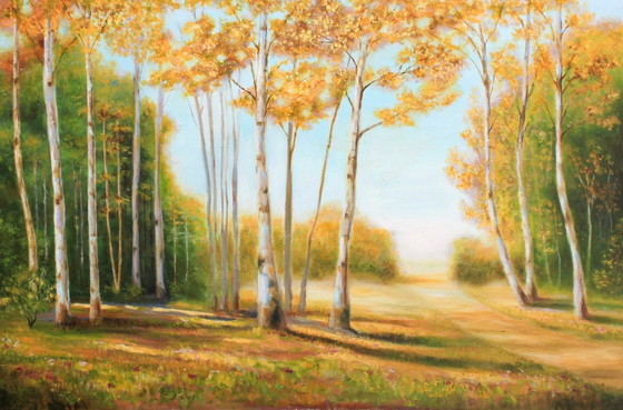 Image 1 of Oil painting of a poplar landscape. Hand-painted and signed. New.