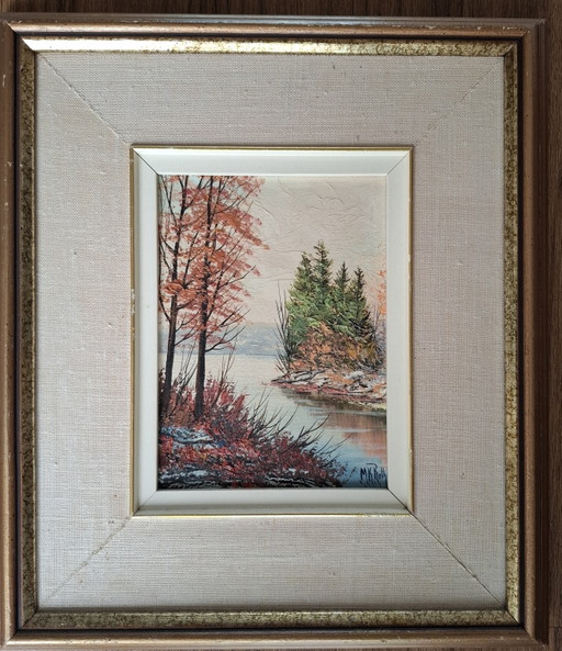 Oil paint on Masonite 'Silver Lake' M.K. Roth – schilderijen tekeningen, Textile, Wood