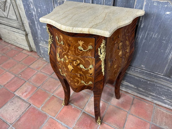 Image 1 of Louis XV marquetry commode with gilt bronze mounts and marble – late 19th century