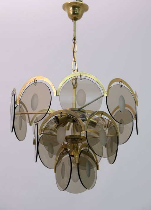 Lustre en verre ambré et laiton Gino Vistosi, moderne du milieu du siècle, 1970