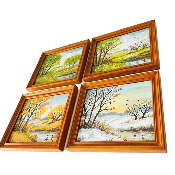 Set of Small Oil Paintings Four Seasons Wooden Frame 1960s – Paintings & Drawings (photo 3 of 7)