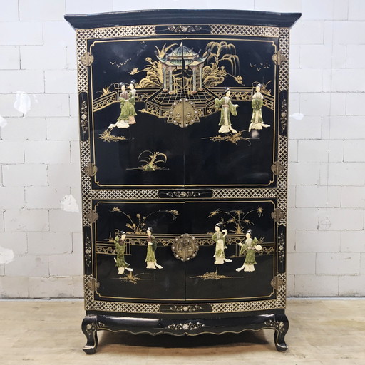Vintage Chinese black lacquer cabinet (soapstone, mother-of-pearl) bohemian / oriental cabinet ^ bridal (photo 2 of 15)