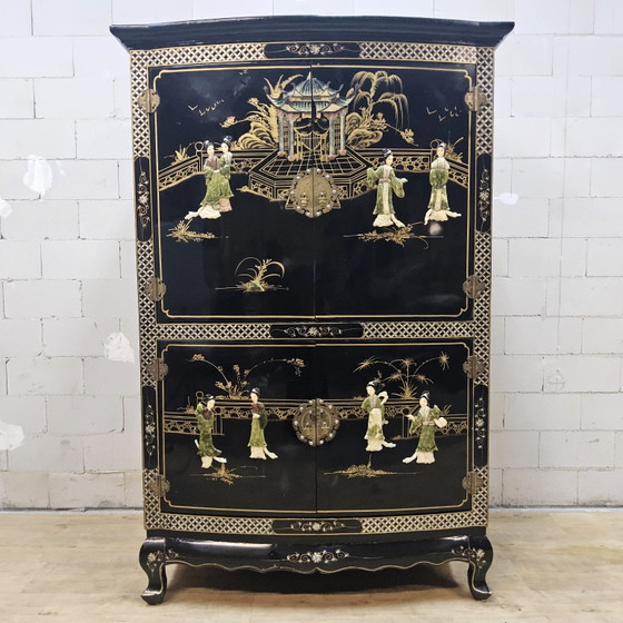 Vintage Chinese black lacquer cabinet (soapstone, mother-of-pearl) bohemian / oriental cabinet ^ bridal (photo 2 of 15)