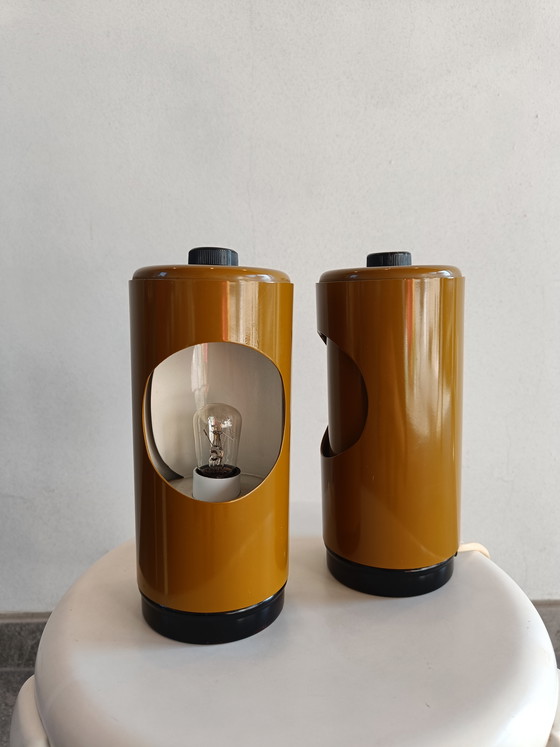 Image 1 of Pair of Vintage Italian Table Lamps, Mustard Yellow Selene Style ABM, Space Age Design, 1970s