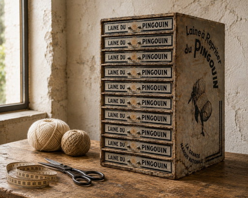 Seltene Laine Du Pingouin-Kurzwarenvitrine aus den 1930er Jahren von Cartonnages Mulliez-Richebé – decoratieve objecten, Wood