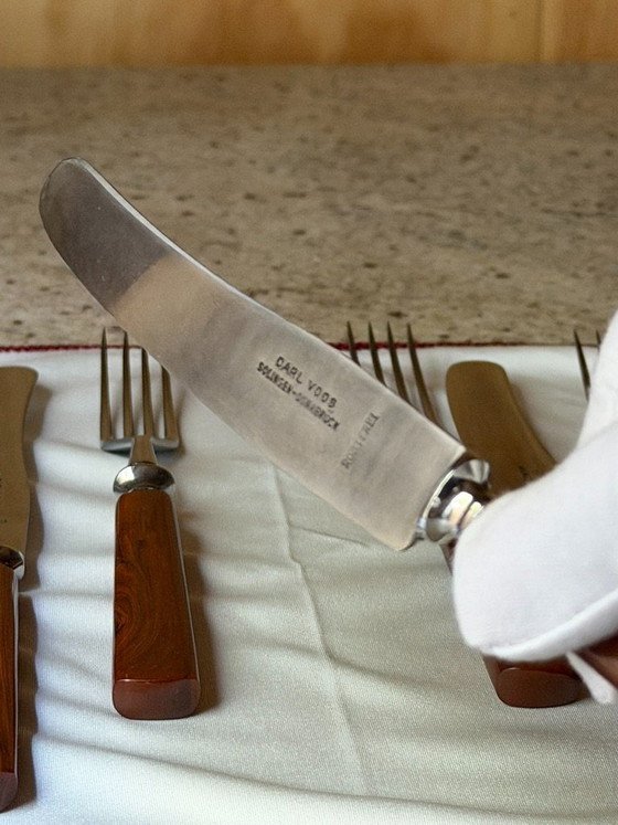 Vintage Carl Voos Solingen German Flatware Set - 12 Piece MCM Knife And Fork Set - Rostfrei Stainless Steel (photo 19 of 32)