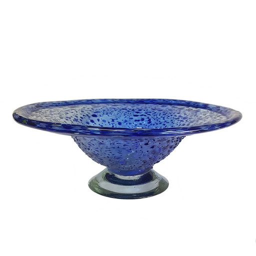 Cobalt Blue Hand-Blown Spatter/Confetti Art Glass Pedestal Bowl.