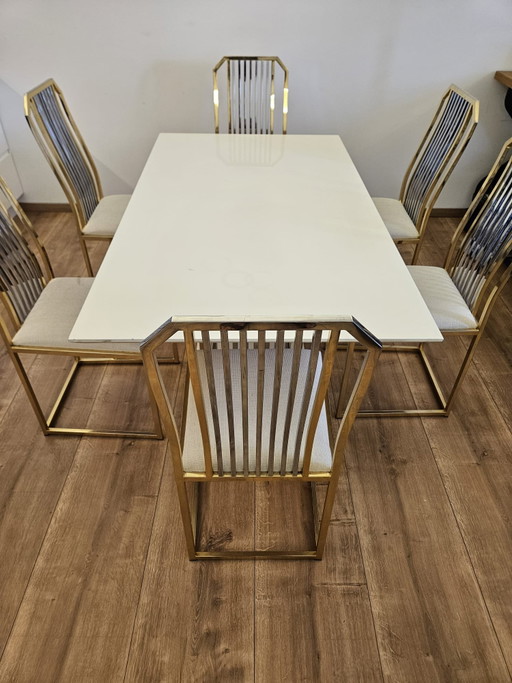 Re: Mesa de comedor de diseño, blanco brillante, dorado, cromo, 6 sillas, metal, lujo