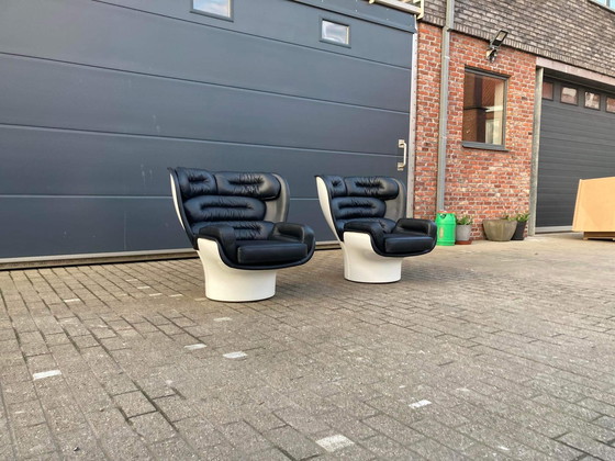 Image 1 of 2 chaises Joe Colombo Elda en cuir noir et fibre de verre blanche