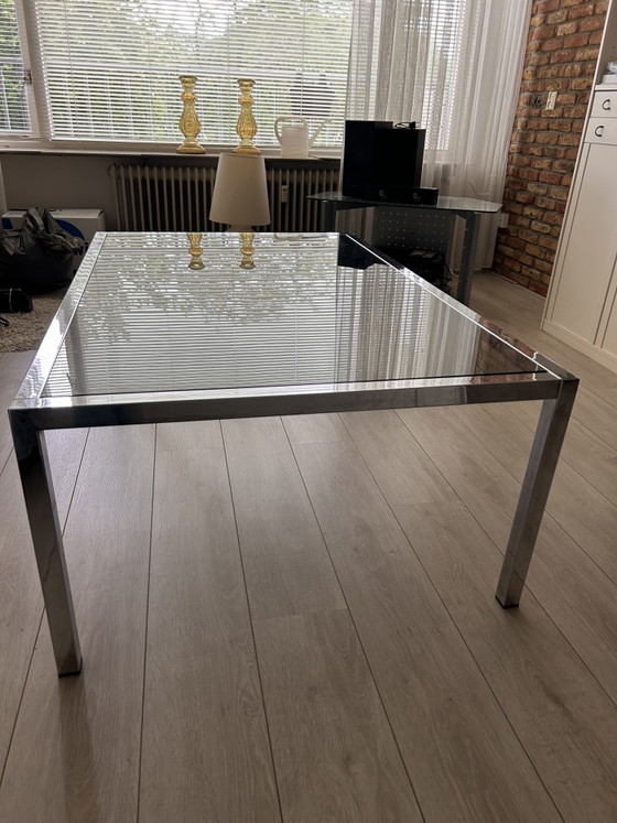 Image 1 of Rare Vintage IKEA 'Tord Björklund' Rectangular Coffee Table 1980s – Square Chrome & Grey Smoked Glass