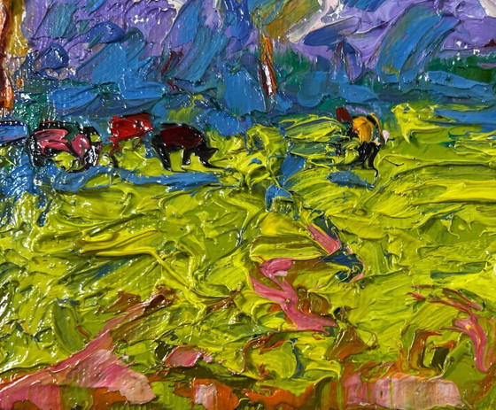Image 1 of Dipinto ad olio originale, paesaggio naturale colorato, primavera nei prati