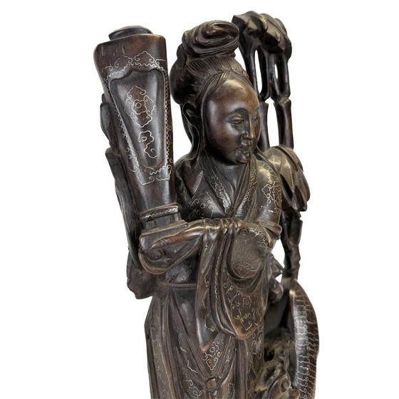Estatua china antigua "Magu" con incrustaciones de plata - Madera dura - Siglo XIX (43 cm) – Esculturas (photo 12 of 15)