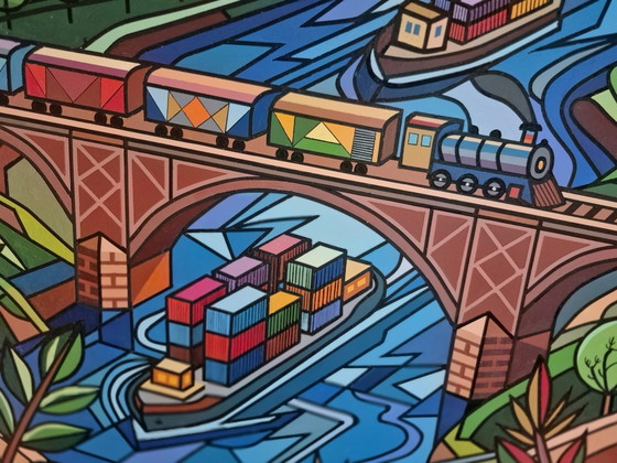 Large Colorful Painting 95 X 95 Cm – Industrial Landscape – Paintings & Drawings, Mdf (photo 3 of 5)