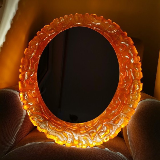 Image 1 of Large Mid-Century German Modern Oval Orange Acrylic Backlit Wall Mirror Light attributed to Hillebrand, 1970s