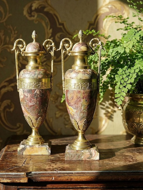 Image 1 of Pair of cassolettes in breccia marble and gilt bronze, Napoleon III 19th century