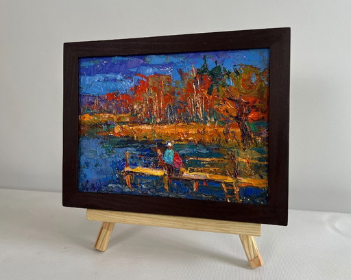 Original Oil Painting Autumn River Landscape Autumn mood near the river